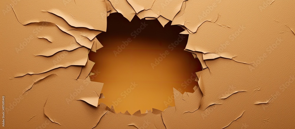 Poster A round hole is visible in a colored cardboard with torn paper in the background serving as a textured copy space for advertising text