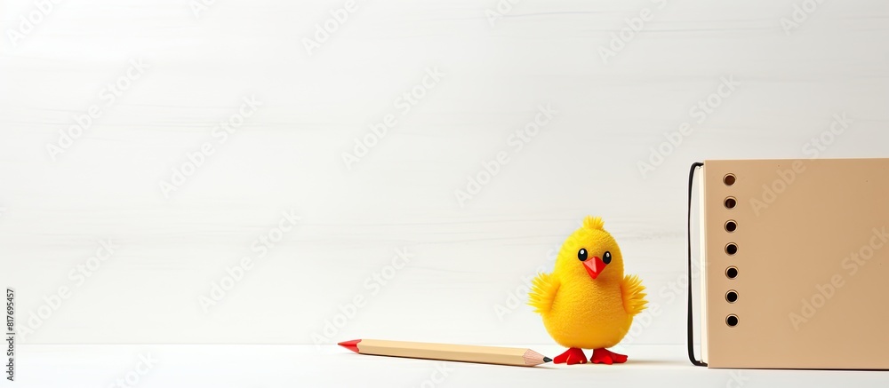 Fototapete on a white background there is a copy space image featuring a notebook a yellow pencil and a toy woo