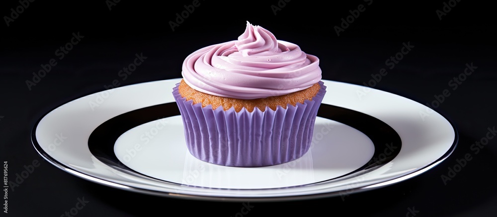 Poster a delectable violet cupcake on a plate with a blank space for an image. creative banner. copyspace i