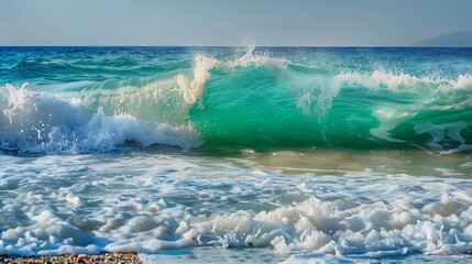 Serene Aquamarine Ocean Waves Crashing on a Sunny Beach, Refreshing Summer Day
