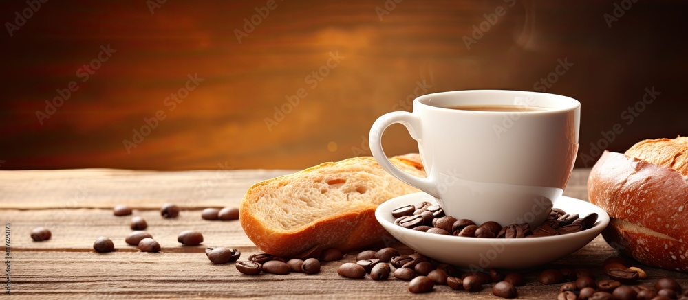 Poster a breakfast spread with coffee slices of whole grain bread and a bun ample copy space available