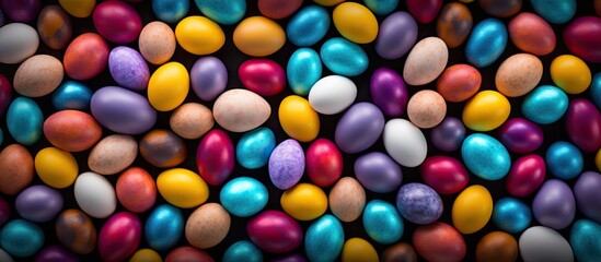 Obraz premium A vibrant and close up top view of a full frame filled with colorful Easter eggs perfect for a copy space image