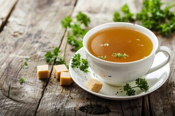 Bouillon soup served in a wooden bowl