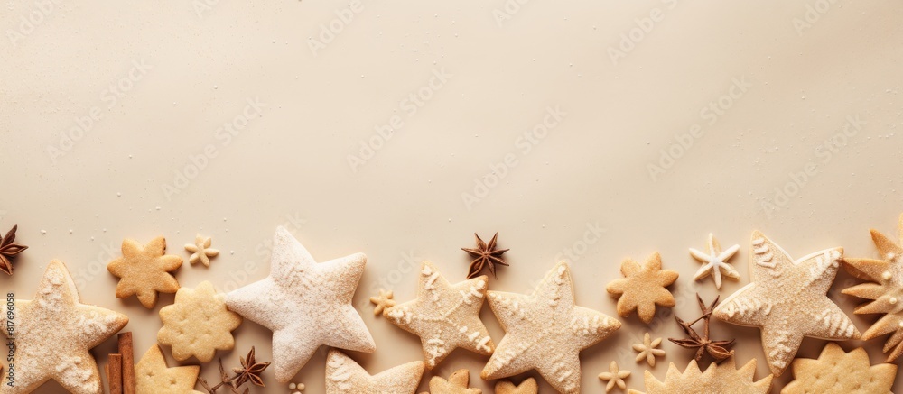 Poster Christmas cookies and cutters arranged on a beige background with ample copy space for text or graphic elements in the image