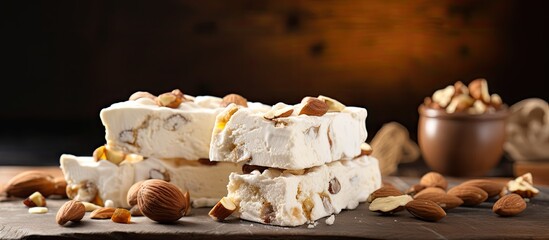 Close up of a delicious Italian torrone or nougat with nuts perfect for traditional festive celebrations Ample copy space in the image