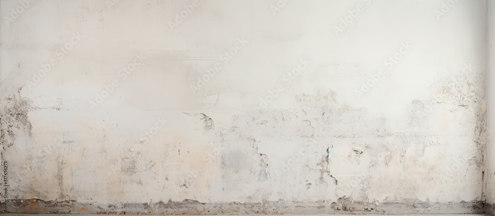 Aufkleber The aged white wall is adorned with peeling paint and damp marks creating an intriguing copy space image