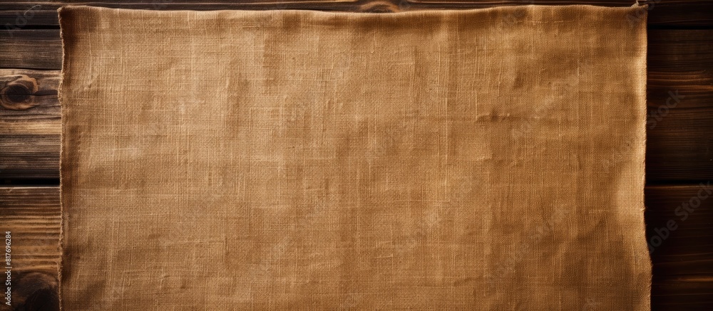 Poster a brown burlap cloth on a brown wood panel providing a rustic backdrop for packaging or as a copy sp