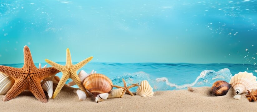 A sea themed copy space image featuring starfish and cockleshells on a vibrant background