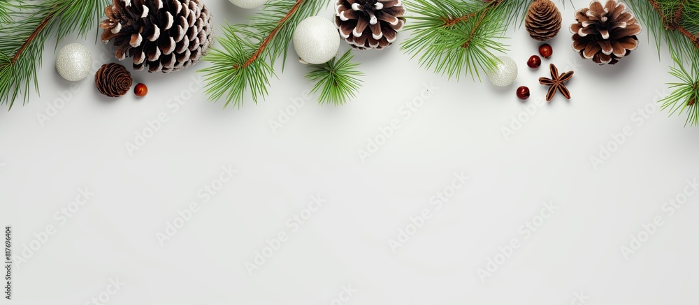 Aufkleber Top view of a Christmas background with an isolated fir tree and cone on a white background providing ample copy space for customization