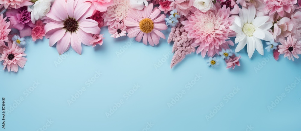 Poster a flat lay copy space image featuring a pastel blue background adorned with a captivating arrangemen