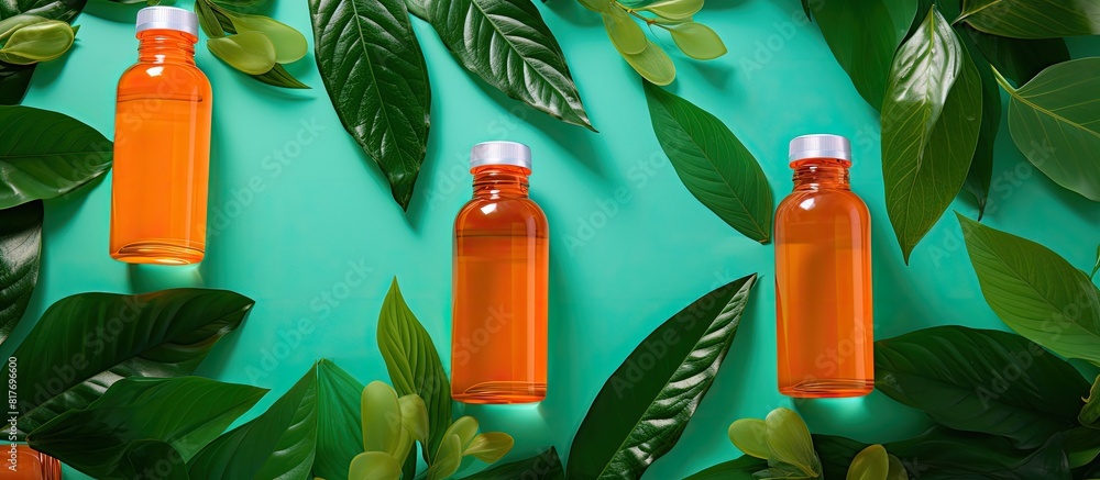 Aufkleber colorful background with shower gel bottles green leaves and copy space image in a flat lay composit