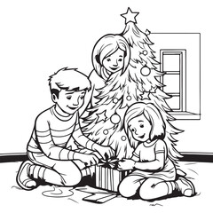 Family at christmas eve, black vector illustration for kids coloring book on white background