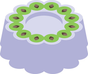 Vector illustration of a playful baby bib adorned with a green and purple design, featuring whimsical food elements