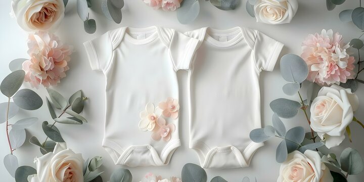 White onesie for baby twins ideal for announcements or product mockups. Concept Baby Twins, White Onesie, Announcement, Product Mockup, Infant Clothing