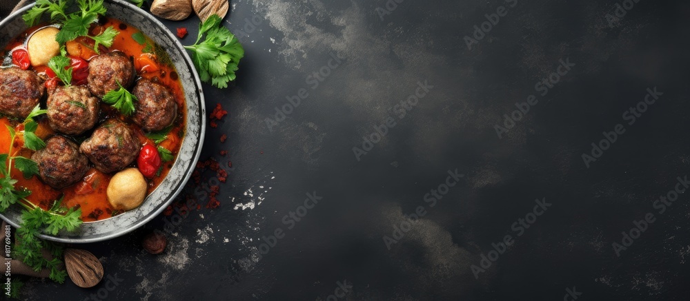 Aufkleber A top view of a bowl of soup containing meatballs and vegetables on a concrete background with copy space for additional images or text