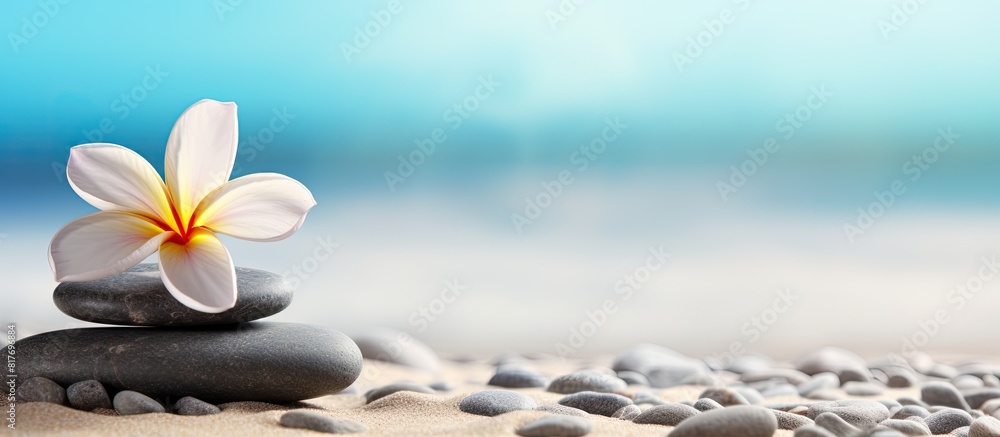 Poster close up image of spa stones with a flower on a sandy beach offering a beautiful and tranquil copy s