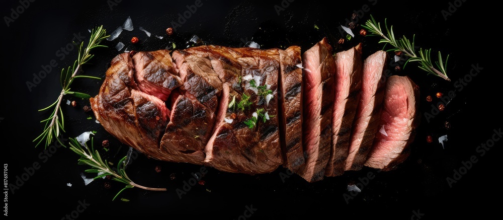 Poster a rare grilled flank steak sliced and presented on a black background showcasing the marbled beef to