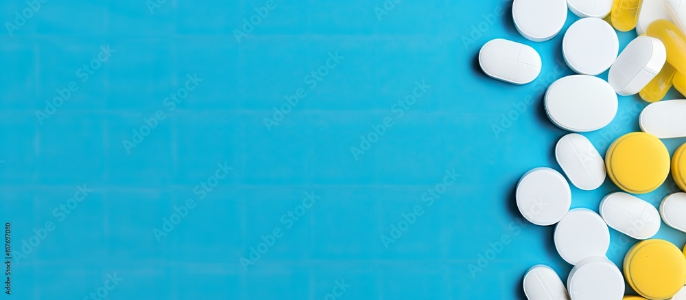 Poster a flat lay of white and yellow pills is arranged on a blue background offering copy space for medici
