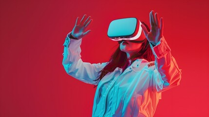 Obraz premium Excited young woman touching air while having virtual reality experience in neon light