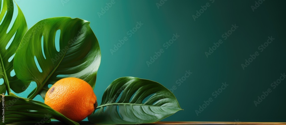 Poster the monstera leaf and orange fruit are displayed in the copy space image