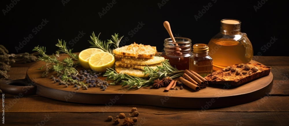 Poster Copy space image of a platter featuring a delectable combination of honey spices and a rustic wooden backdrop