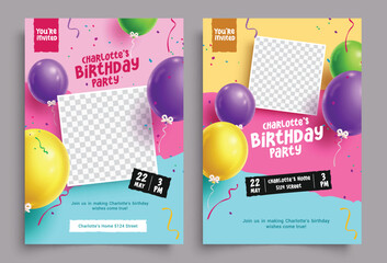 Birthday invitation card vector template design. Birthday girl invitation template with blank space for celebrant picture poster collection. Vector illustration birthday card template.

