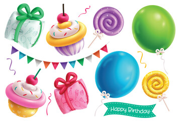 Balloons birthday elements vector set design. Birthday inflatable gift box, cup cake, lollipop and pennants balloons shape for party elements collection in white background. Vector illustration