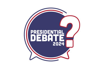 Contemporary graphic for the 2024 Presidential Debate in the United States, featuring speech bubbles and a question mark in patriotic red, white, and blue colors.