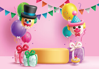 Birthday podium vector background design. Birthday balloons, gift inflatable, clown shape balloon and pennants elements decoration for product display stage presentation background. Vector 