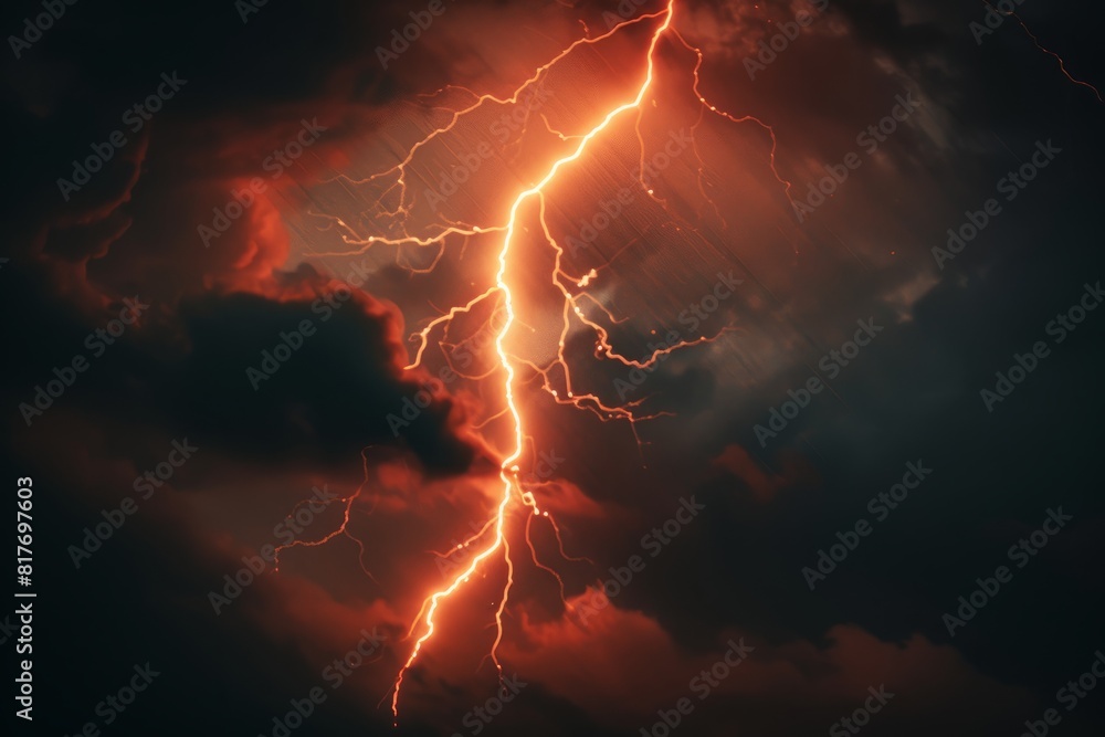 Wall mural A closeup of a lightning bolt striking through the dark sky, emitting intense energy - Wall murals