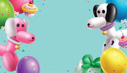 Birthday invitation vector template design. Happy birthday greeting in empty blank space with dog animal shape balloons inflatable for party invitation card background. Vector illustration birthday 