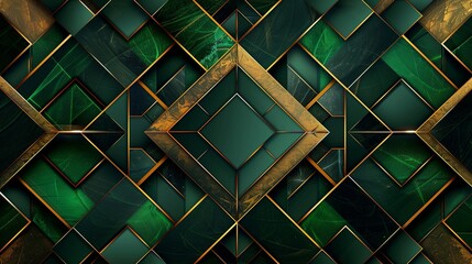 Abstract background, with geometric patterns in deep emerald green, luxurious gold, and sleek black