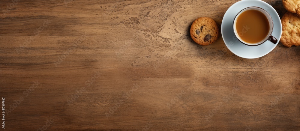 Poster A top down view of a table with a cookie a cup of tea and a blank background for adding text or images. Creative banner. Copyspace image