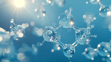 Elegant water splash forming abstract shapes on a bright blue background under sunlight. Ideal for concepts and backgrounds. AI