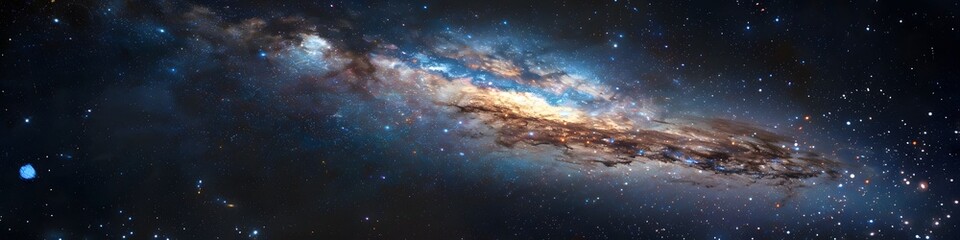 Panoramic astrophotography of visible Milky Way galaxy. Stars, nebula and stardust at night sky