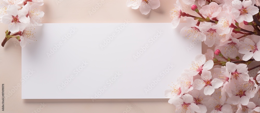 Leinwandbilder a top view copy space image of a blank card and a cherry blossom placed on a beige background for a 