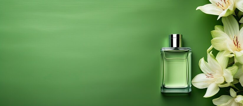 Green background with a bottle of perfume arranged in a flat lay composition providing ample copy space for text