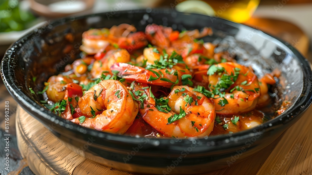 Poster Delicious grilled prawns served in a rustic bowl, garnished with fresh herbs. Culinary seafood delight for stock photography. Styled food presentation. AI