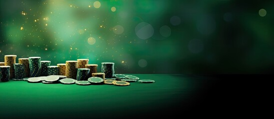 A green table serves as the backdrop for a border of casino chips creating a visually appealing copy space image