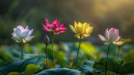 Obraz premium A serene image showing vibrant lotus flowers against a soft-focused background bathed in gentle sunlight, evoking a sense of peace