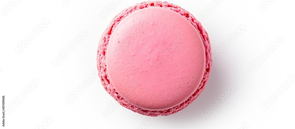 Poster A top down view of a sweet hazelnut pink macaroon isolated on a white background with a flat lay composition and copy space image