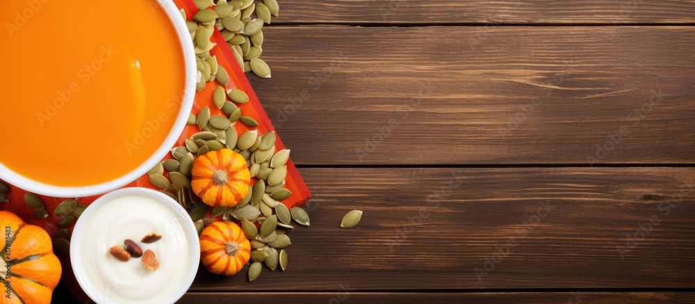 Poster A top view of pumpkin and carrot soup with cream and pumpkin seeds on a wooden background featuring copy space in the image