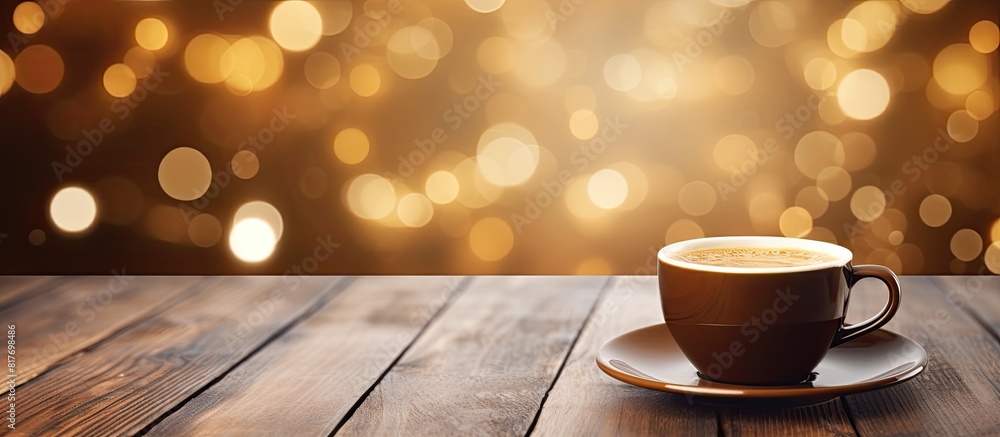 Poster coffee shop blur background with bokeh image and empty wood table with copy space image