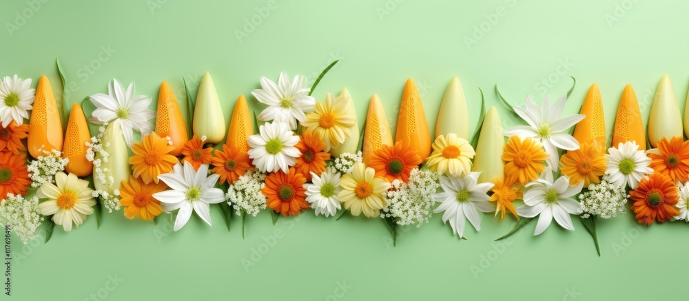 Poster a festive copy space image of easter themed candy corn arranged in vibrant flower patterns against a