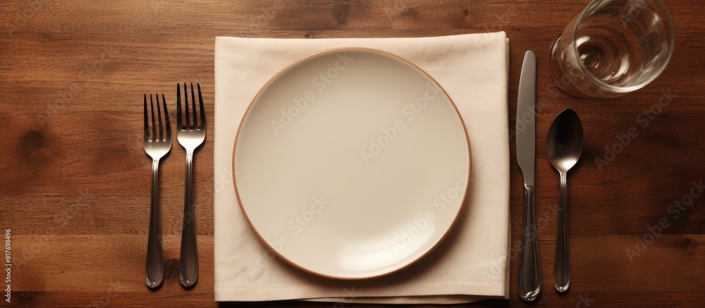Poster A top view of a table setting with an empty plate a knife a fork and a napkin providing ample copy space for customization