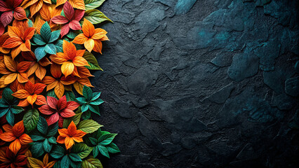 Colorful Leaves on Dark Stone Background: Vibrant Gradient of Warm to Cool Colors, High-Quality Close-Up, Perfect for Design and Art Projects.