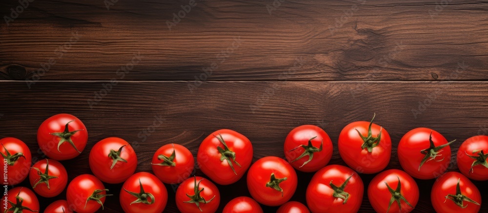 Poster A copy space image of freshly picked red tomatoes arranged neatly on a table captured from a panoramic top view