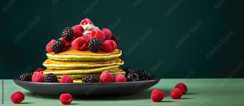 Poster colorful background with a plate featuring delicious green pancakes topped with berries perfect for 