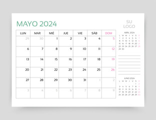 Calendar for May 2024 year. Planner calender template. Week starts Monday. Desk corporate diary. Monthly organizer. Timetable layout. Table schedule grid. Vector simple illustration. Paper size A5