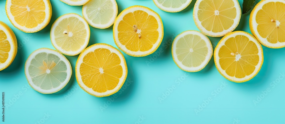 Poster a flat lay of half sliced lemons placed on both the top and bottom of a cyan background creates a vi